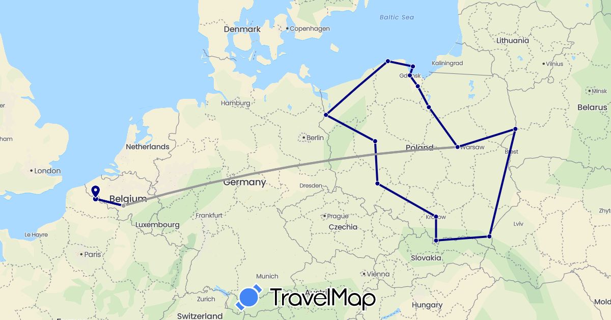 TravelMap itinerary: driving, plane in Belgium, France, Poland (Europe)